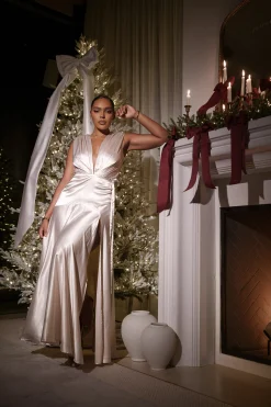JLUXLABEL Champagne Amalia Satin Maxi Dress
