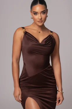 JLUXLABEL Chocolate Cowl Neck Chain Dress