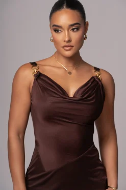 JLUXLABEL Chocolate Cowl Neck Chain Dress