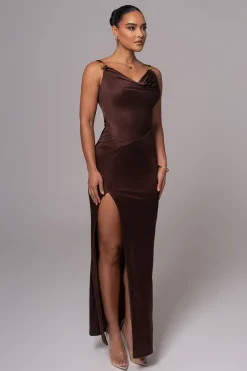 JLUXLABEL Chocolate Cowl Neck Chain Dress