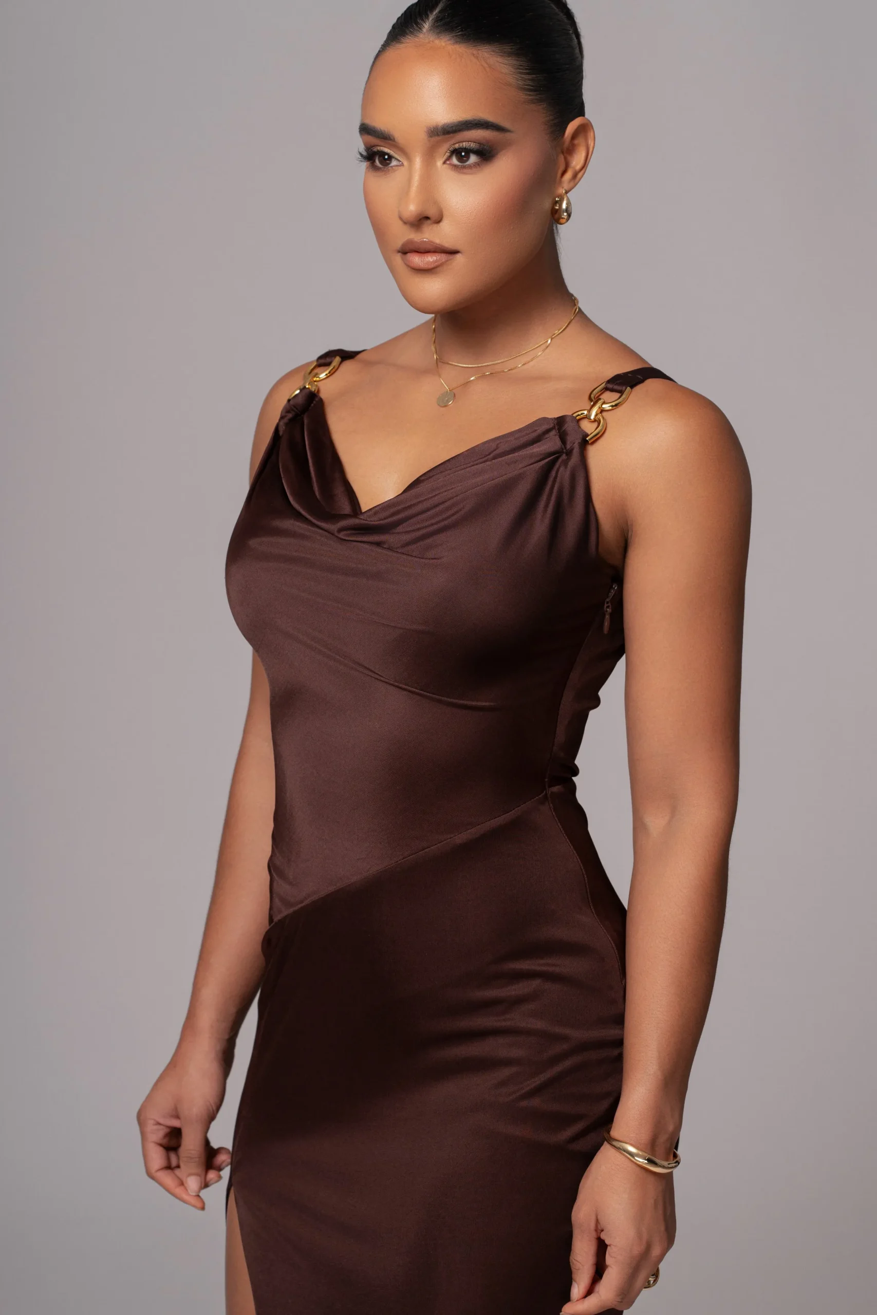 JLUXLABEL Chocolate Cowl Neck Chain Dress