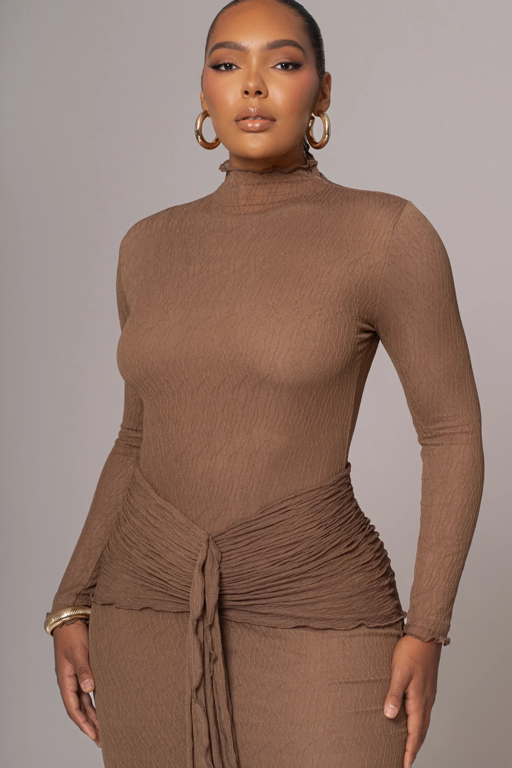 JLUXLABEL Chocolate Drape Mock Neck Dress