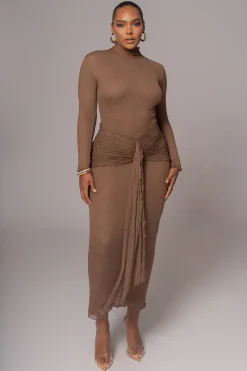 JLUXLABEL Chocolate Drape Mock Neck Dress
