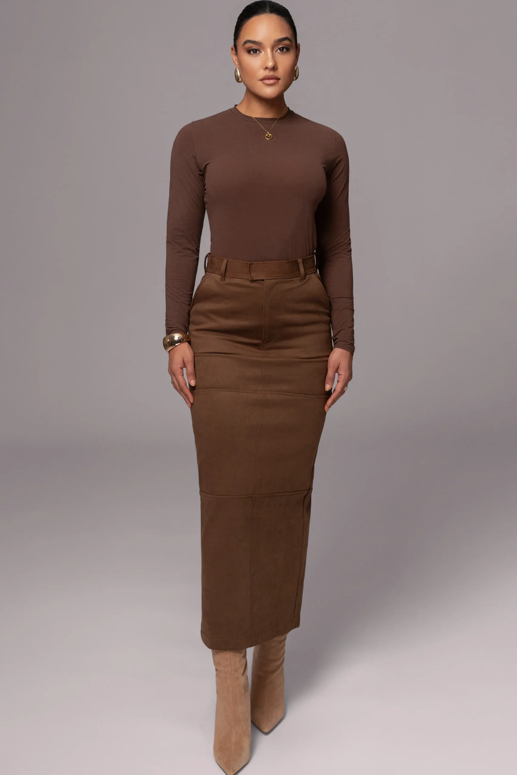 JLUXLABEL Chocolate Joy Suede Maxi Skirt