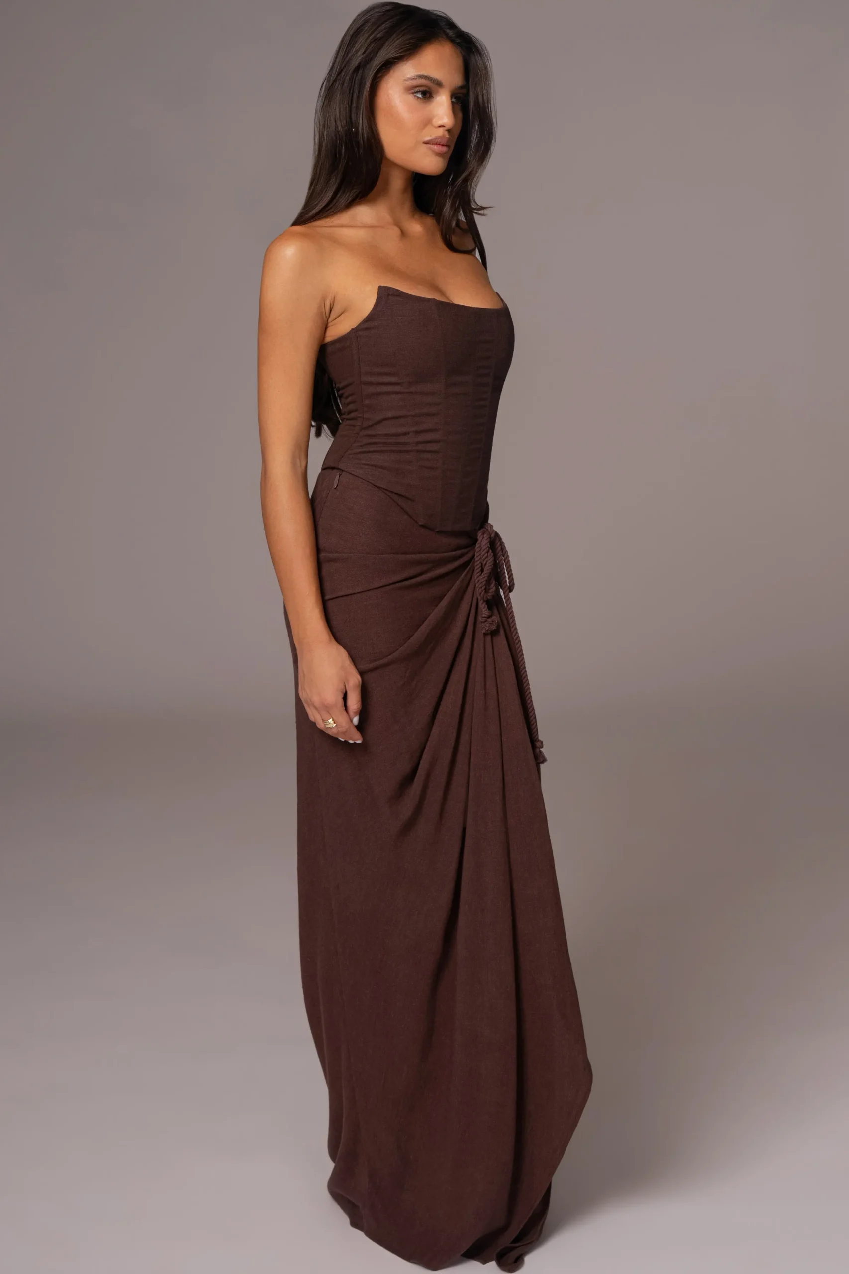 JLUXLABEL Chocolate Noelia Linen Slit Skirt