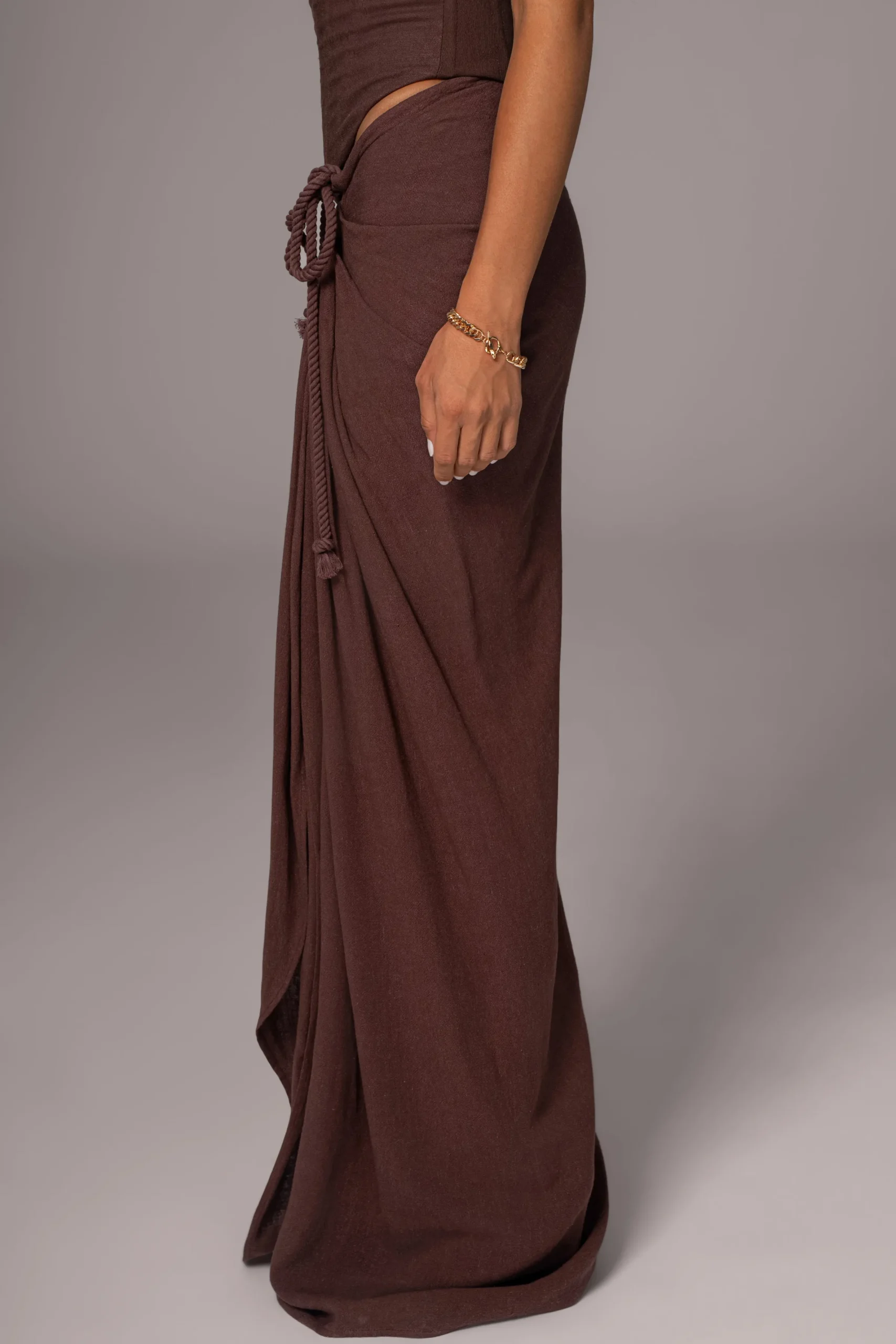JLUXLABEL Chocolate Noelia Linen Slit Skirt