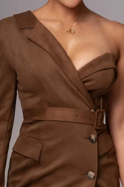 JLUXLABEL Chocolate One Shoulder Suede Blazer Dress