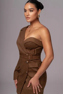 JLUXLABEL Chocolate One Shoulder Suede Blazer Dress