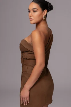 JLUXLABEL Chocolate One Shoulder Suede Blazer Dress