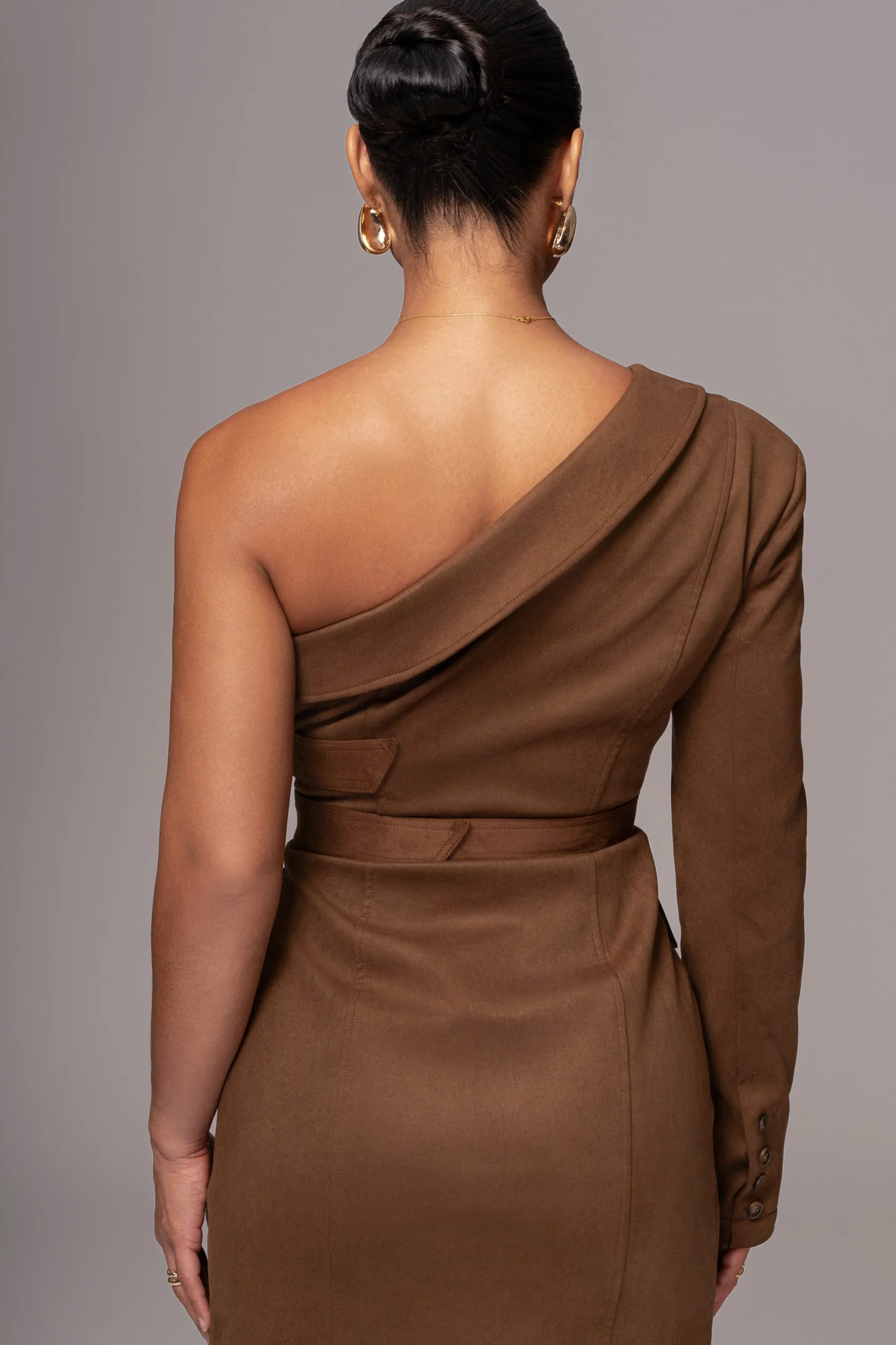 JLUXLABEL Chocolate One Shoulder Suede Blazer Dress