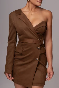 JLUXLABEL Chocolate One Shoulder Suede Blazer Dress