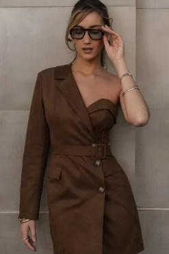 JLUXLABEL Chocolate One Shoulder Suede Blazer Dress