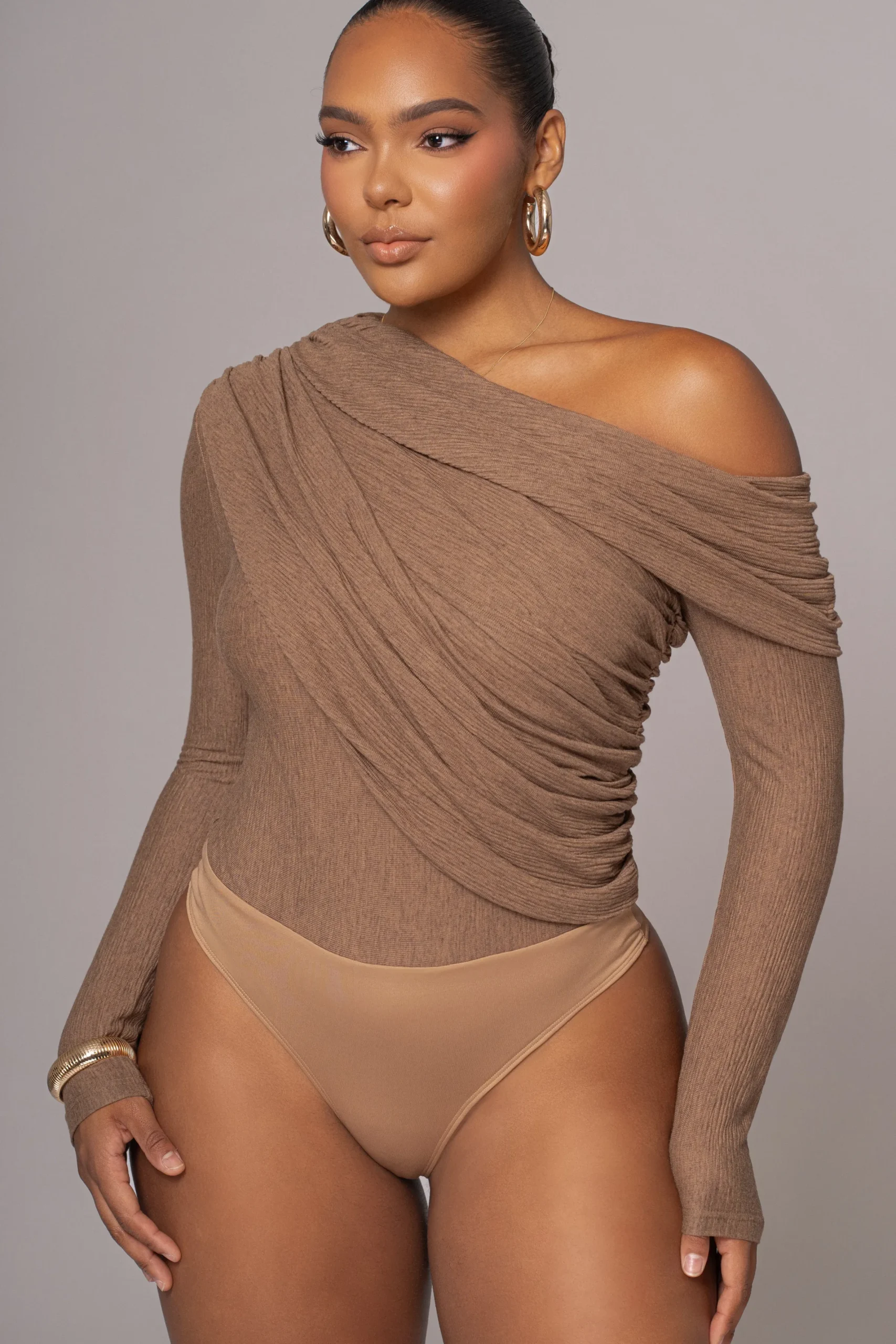JLUXLABEL Chocolate Textured One Shoulder Bodysuit