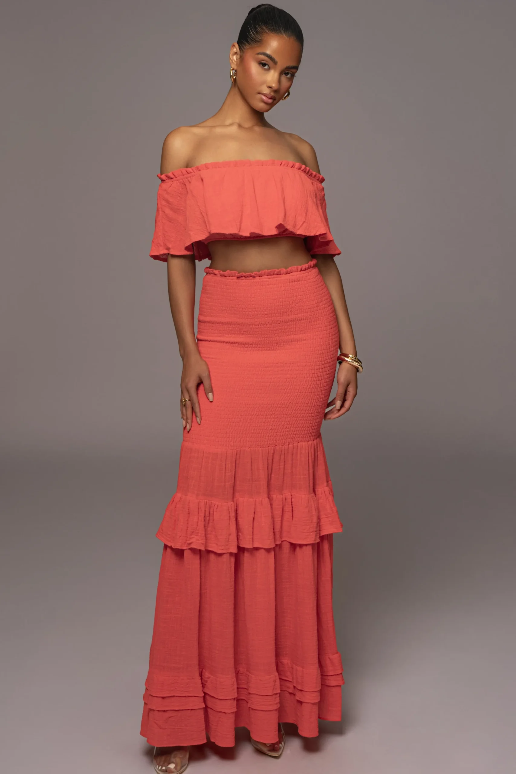 JLUXLABEL Coral Sienna Ruffled Skirt Set