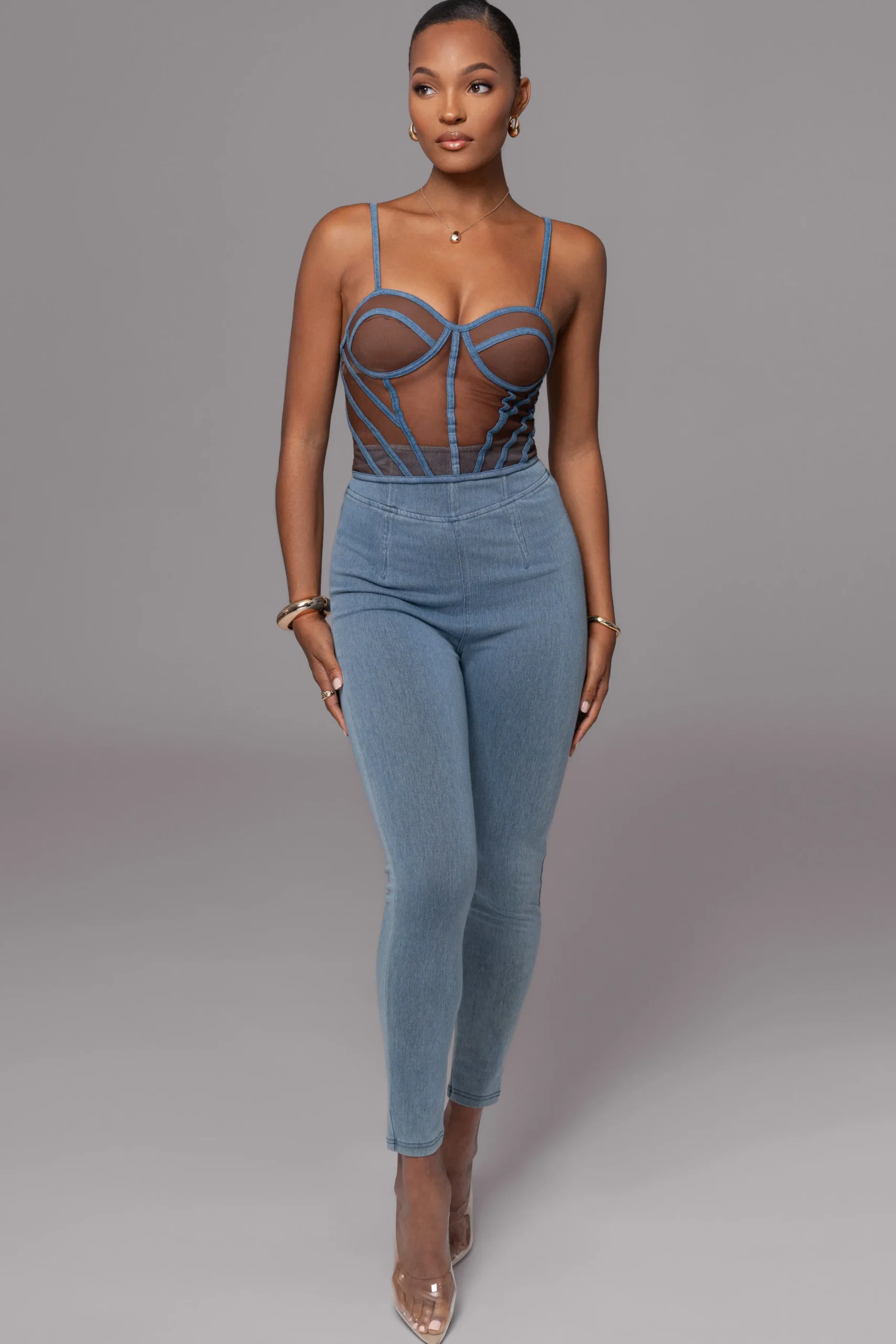 JLUXLABEL Dark Denim Illusion Mesh Bustier