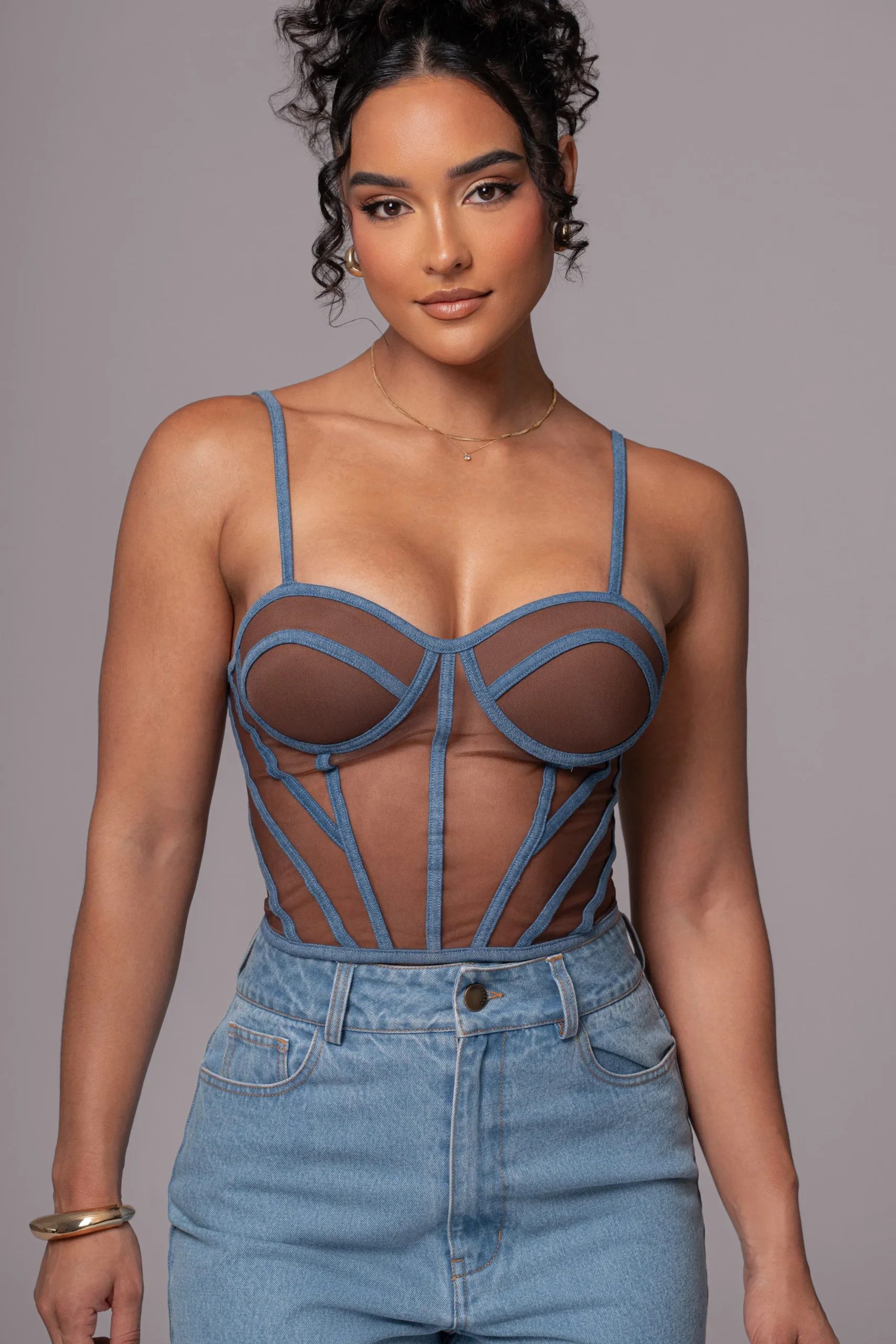 JLUXLABEL Dark Denim Illusion Mesh Bustier