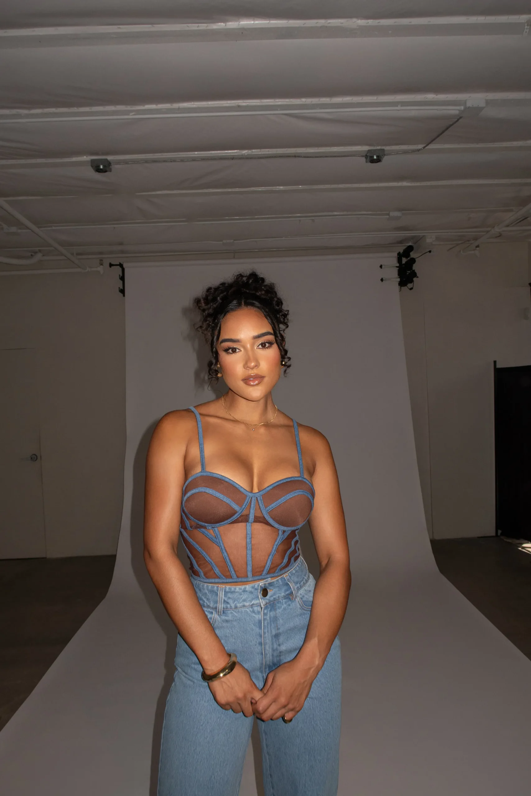 JLUXLABEL Dark Denim Illusion Mesh Bustier