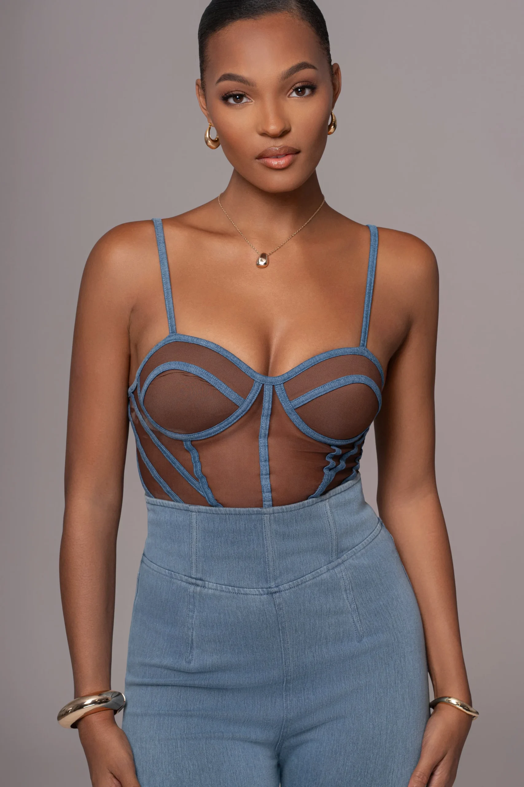 JLUXLABEL Dark Denim Illusion Mesh Bustier