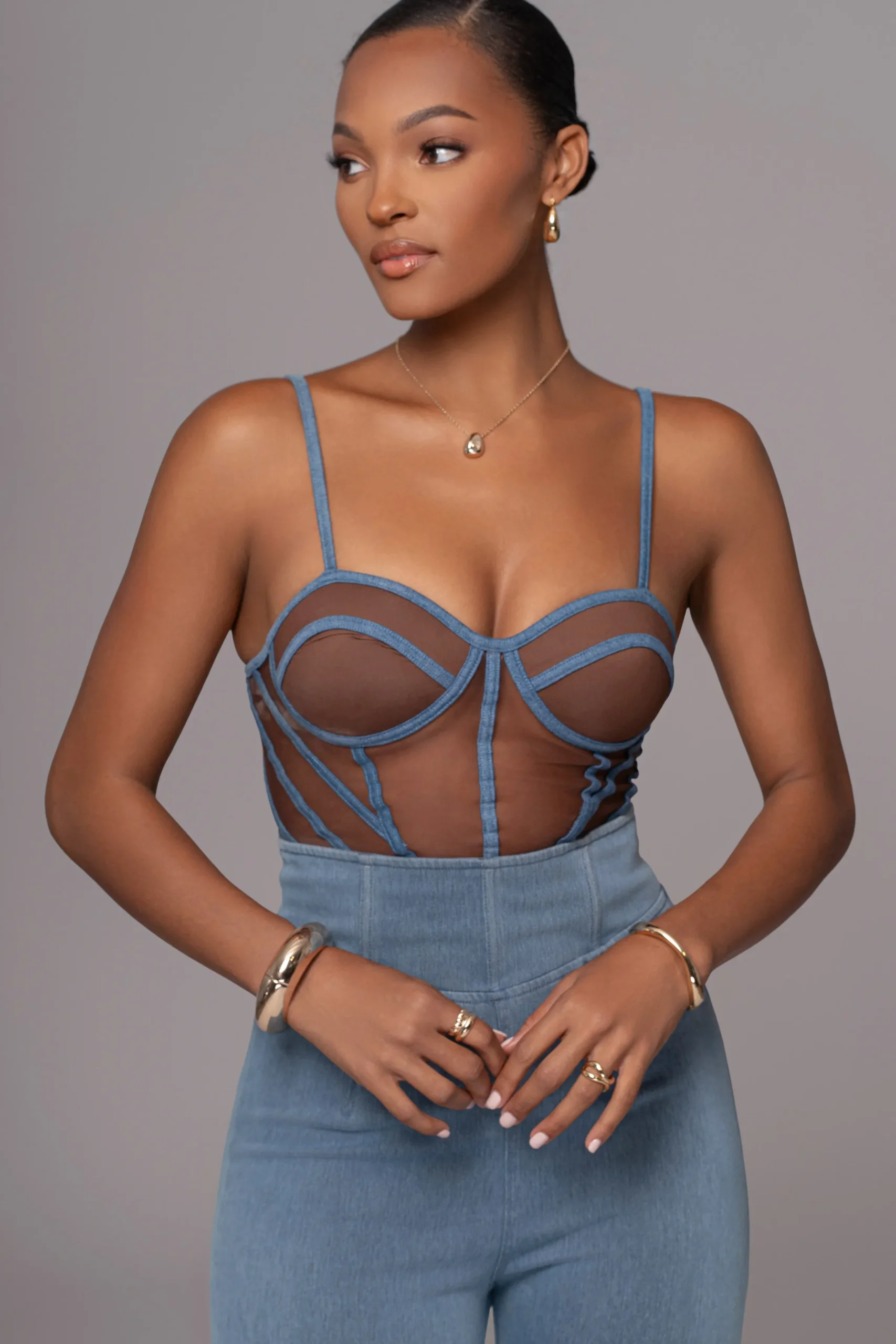 JLUXLABEL Dark Denim Illusion Mesh Bustier