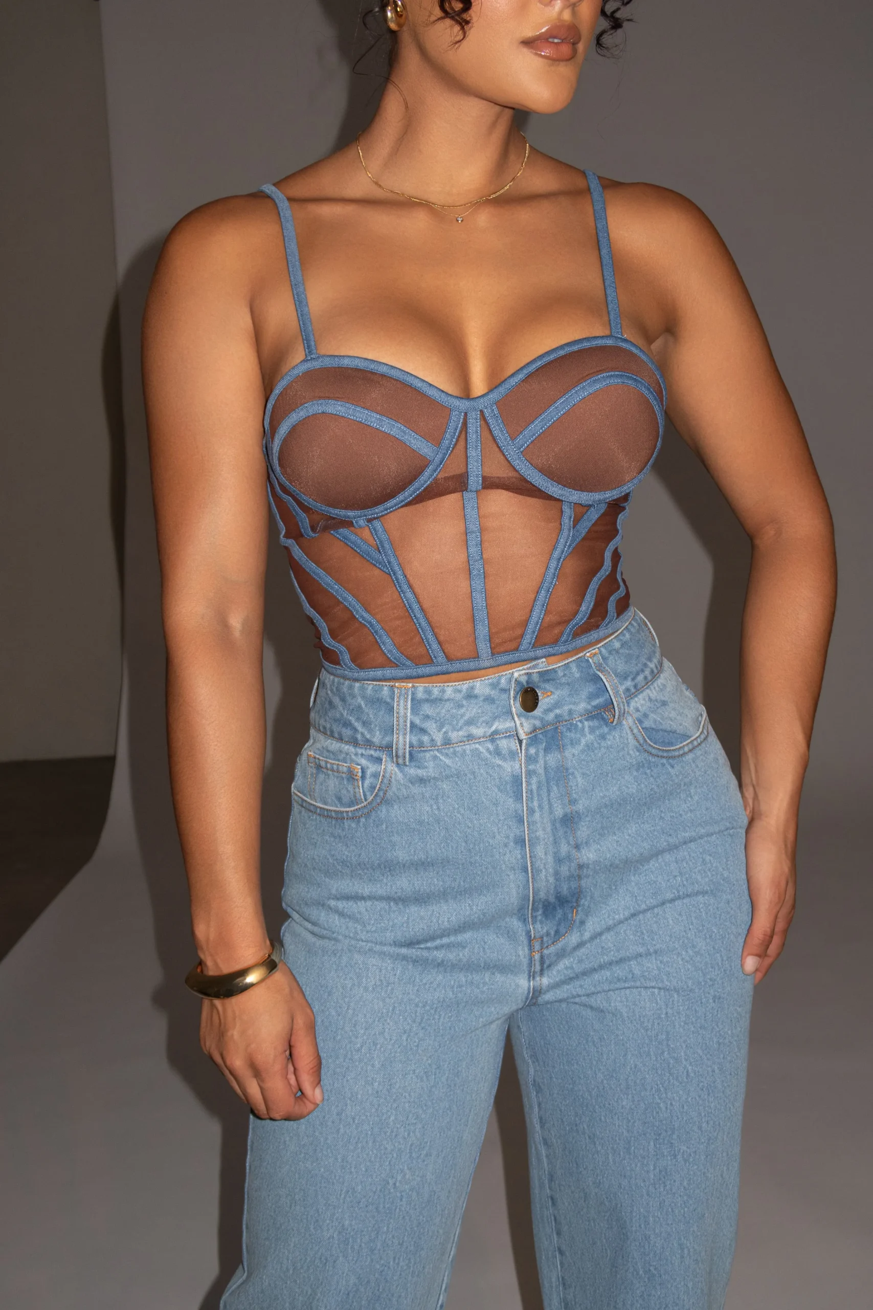 JLUXLABEL Dark Denim Illusion Mesh Bustier