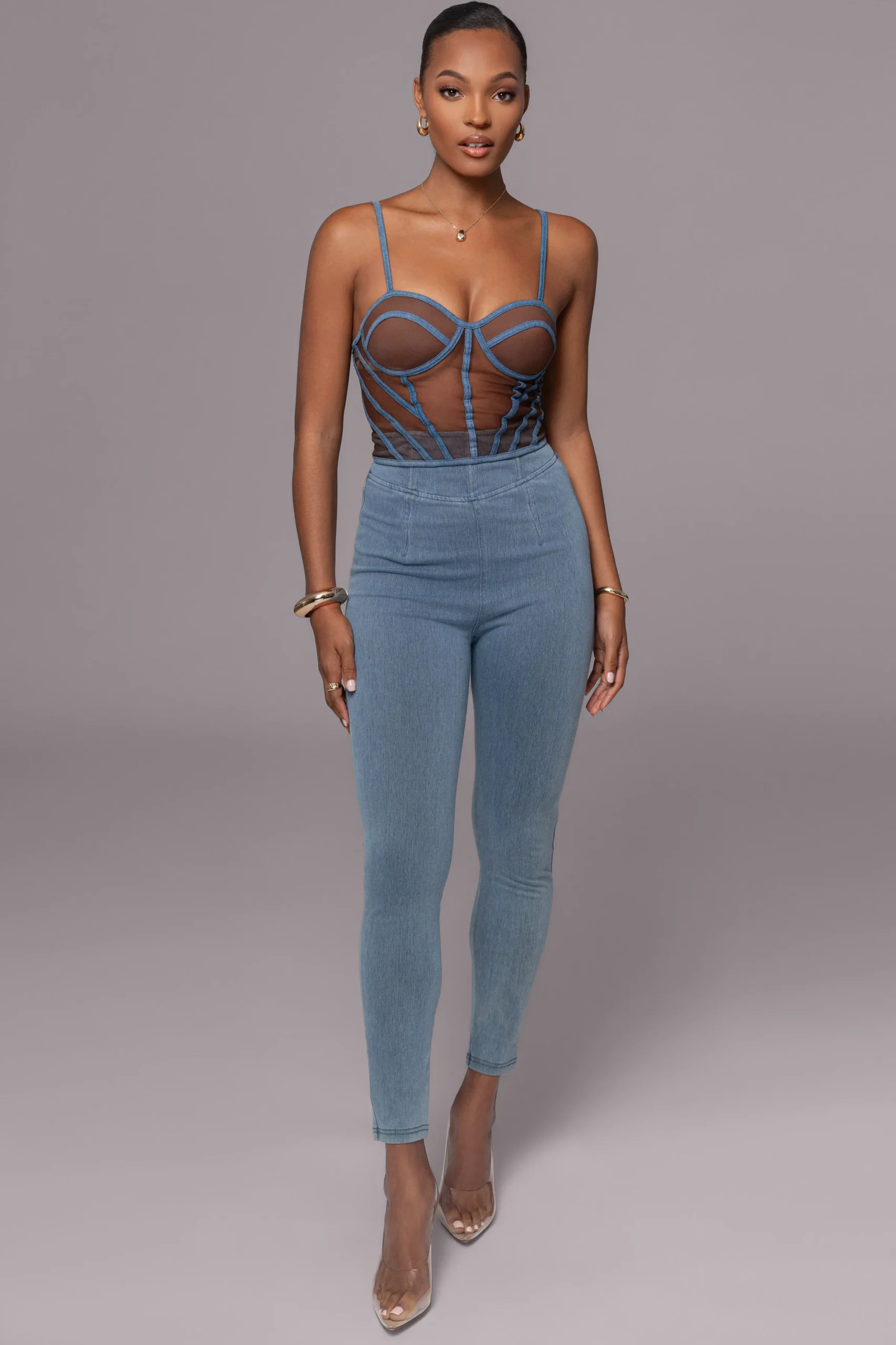 JLUXLABEL Dark Denim Illusion Mesh Bustier