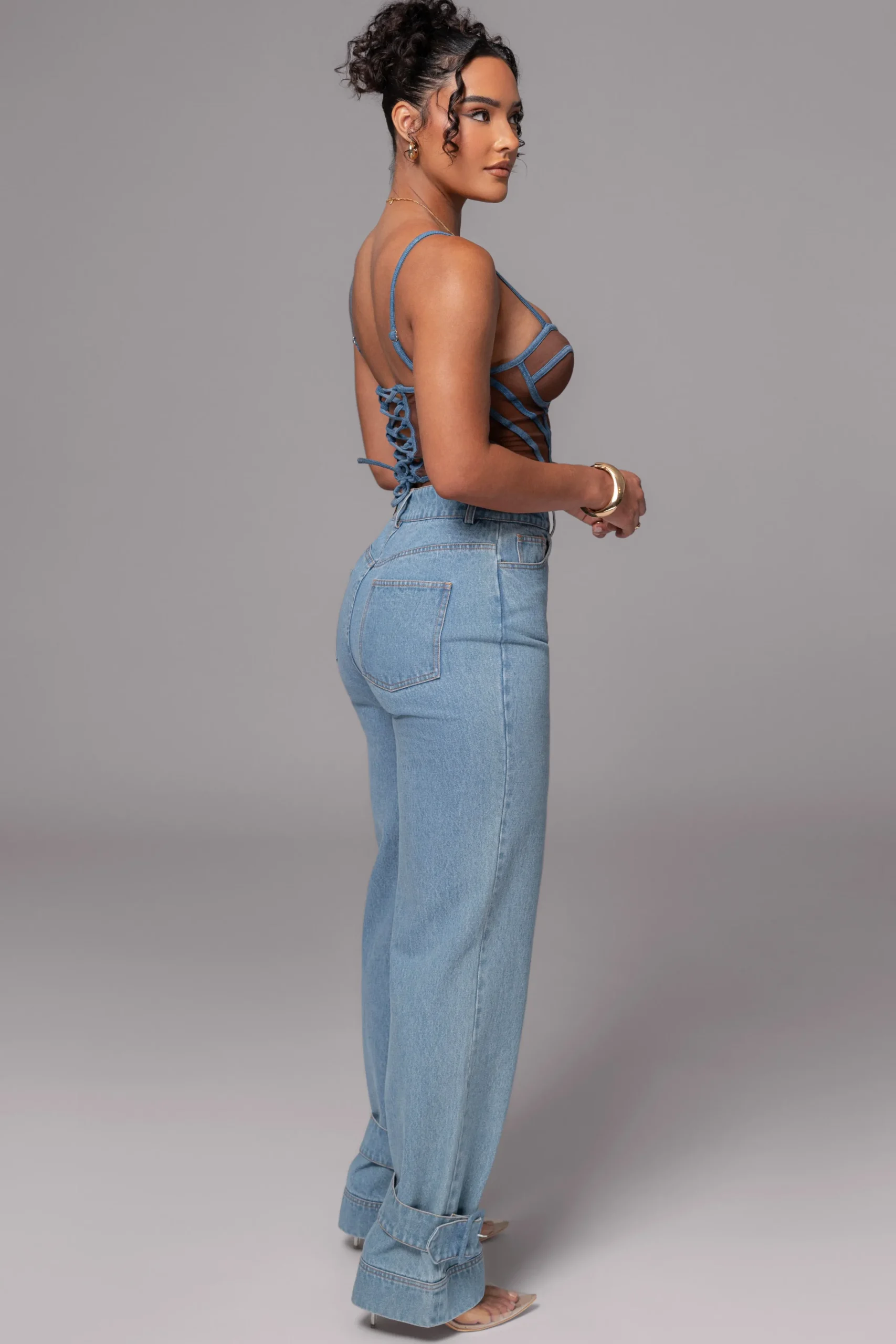JLUXLABEL Dark Denim Illusion Mesh Bustier