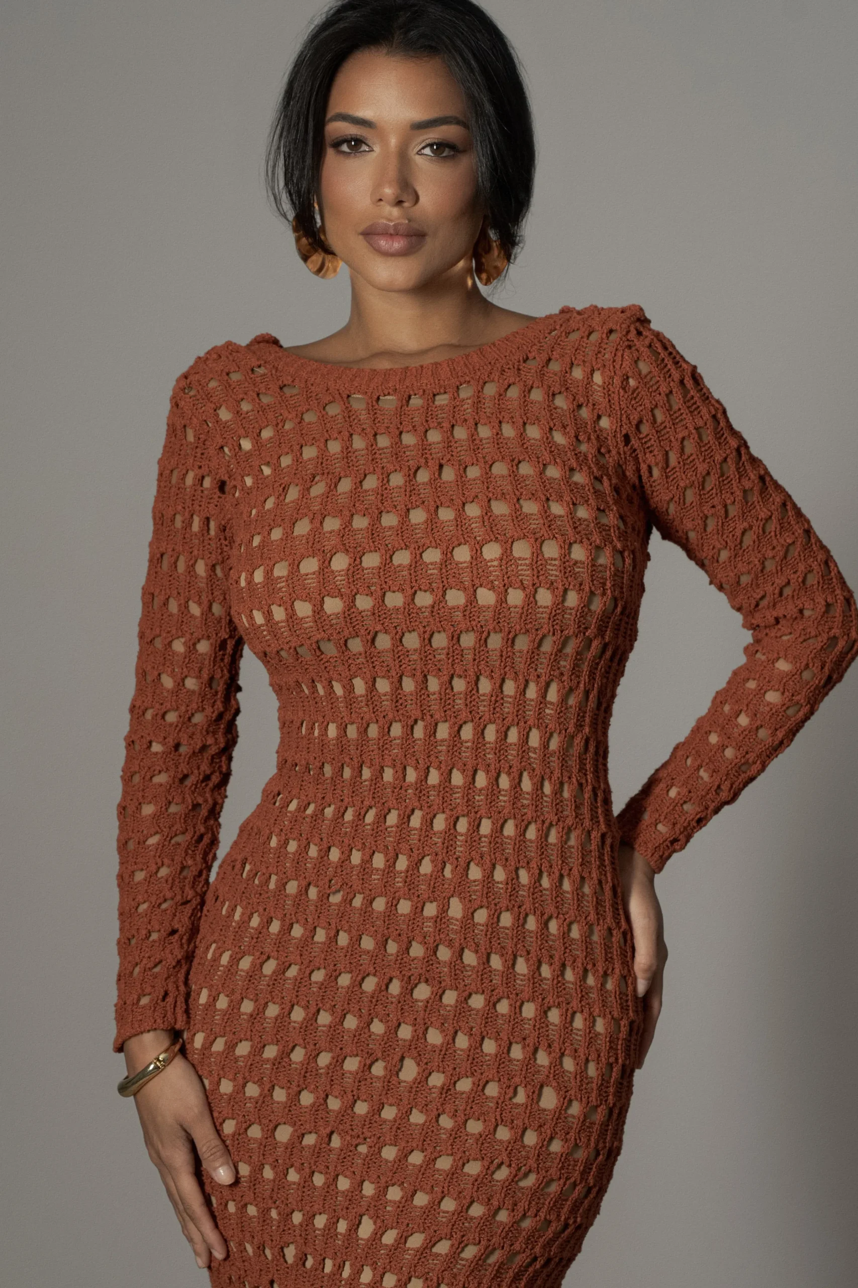 JLUXLABEL Dark Terra Cotta Serene Wonders Crochet Dress