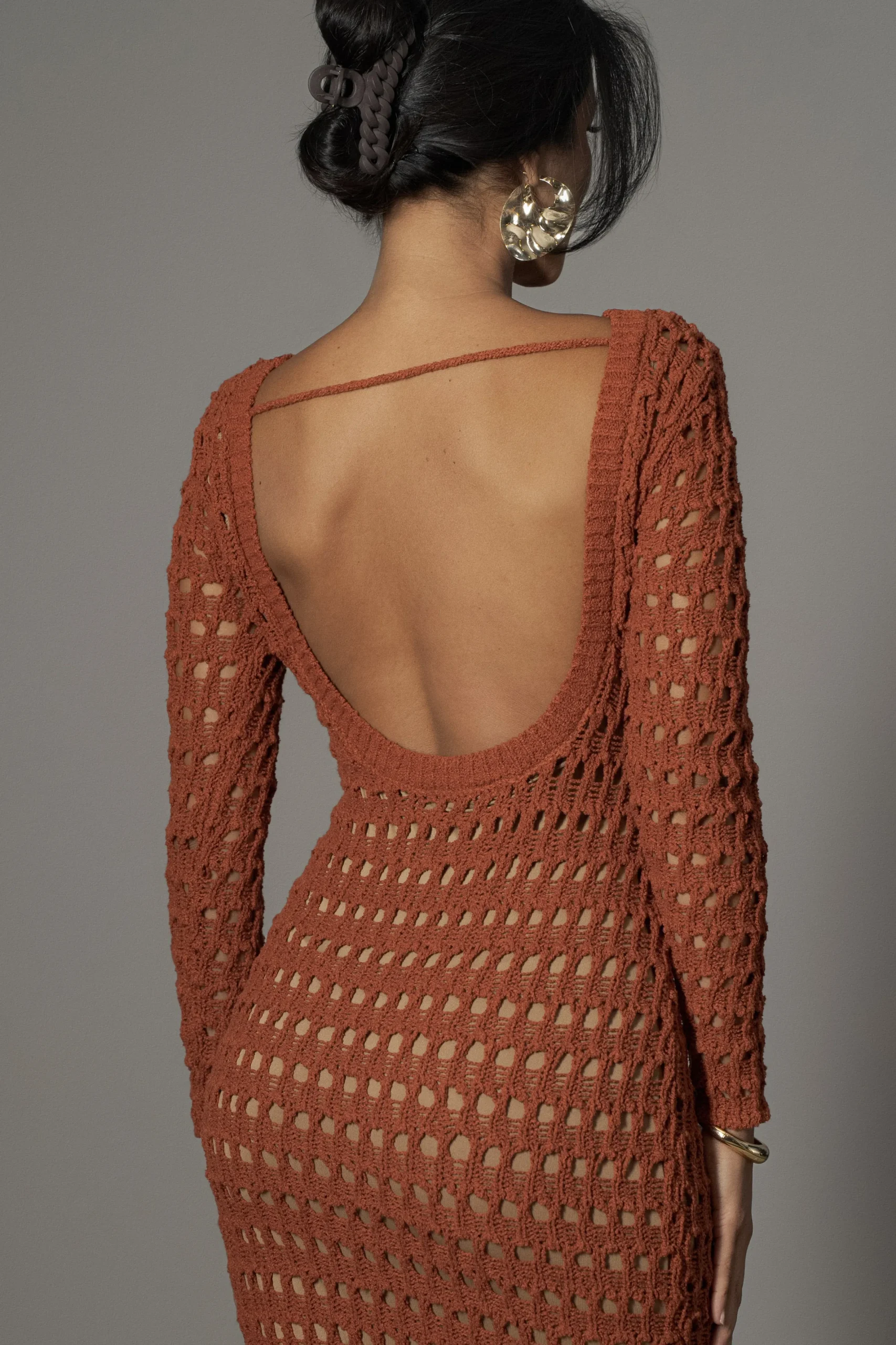 JLUXLABEL Dark Terra Cotta Serene Wonders Crochet Dress