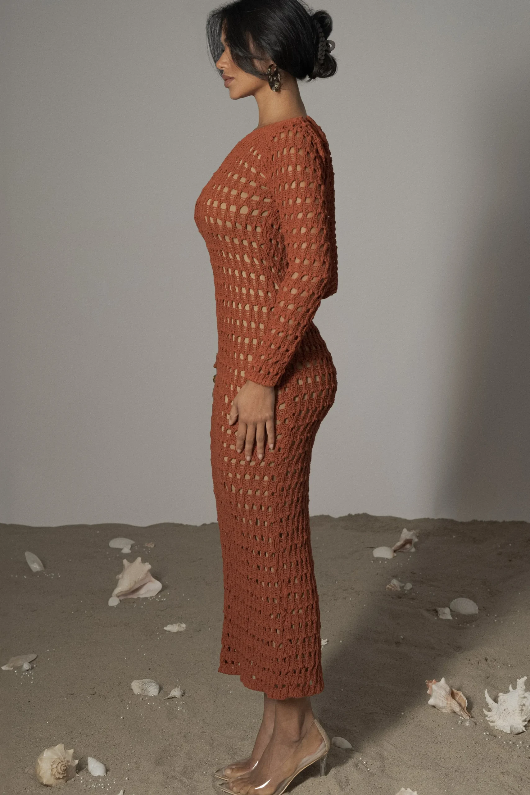 JLUXLABEL Dark Terra Cotta Serene Wonders Crochet Dress
