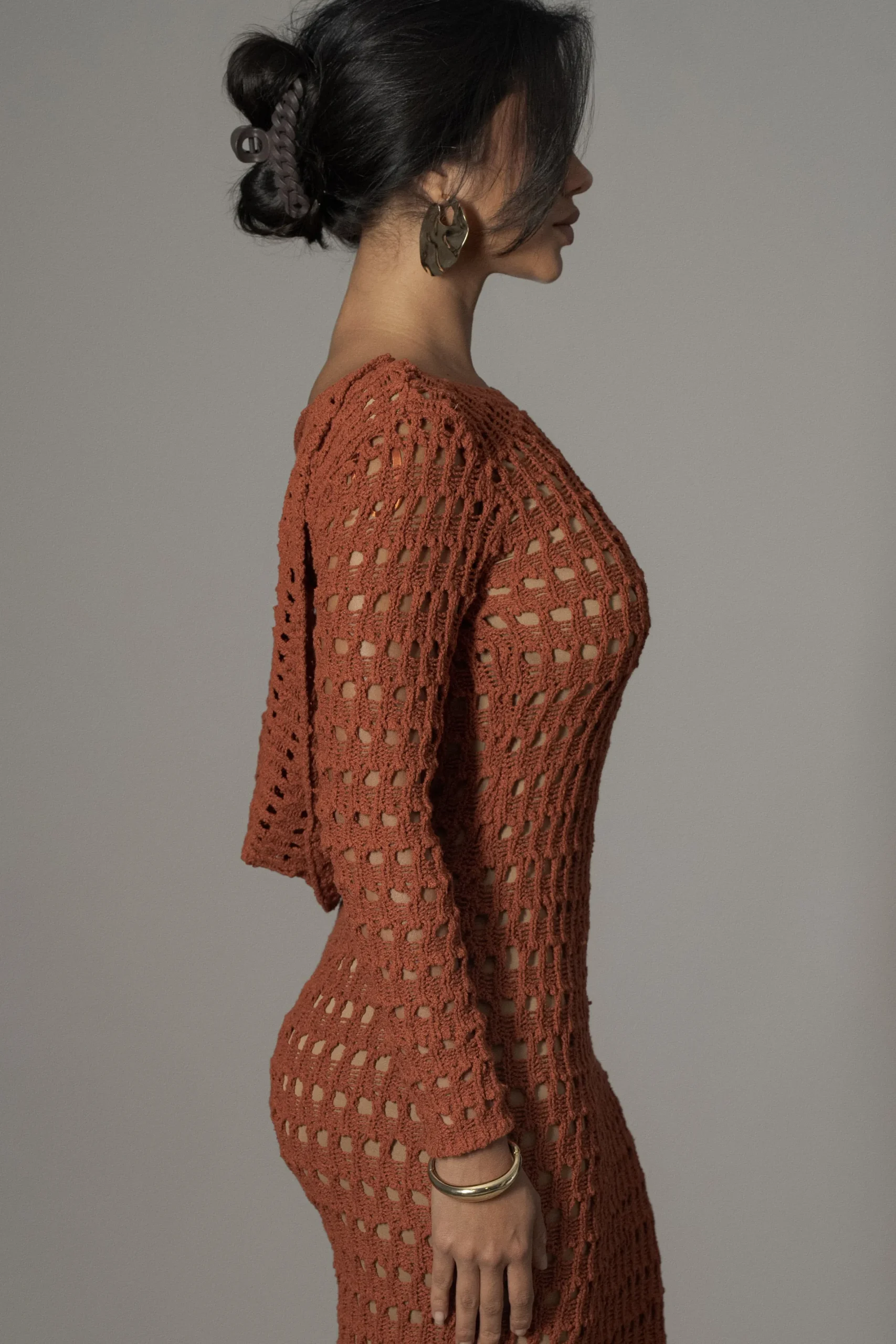 JLUXLABEL Dark Terra Cotta Serene Wonders Crochet Dress