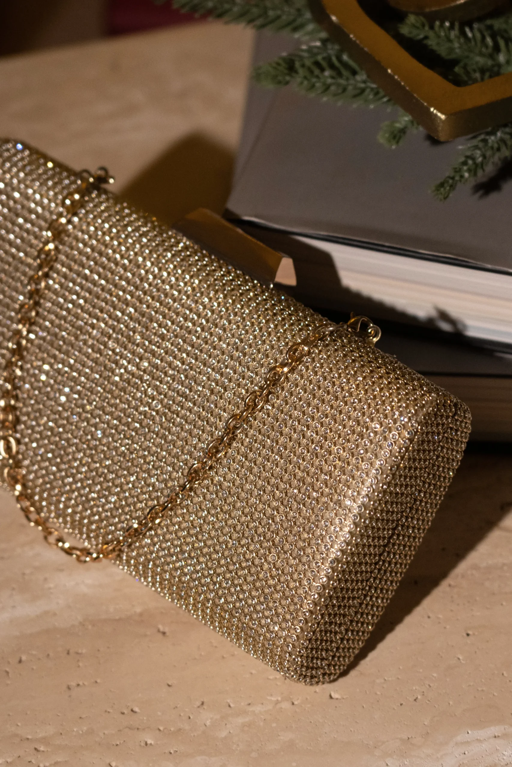 JLUXLABEL Gold Diamante Clutch Bag