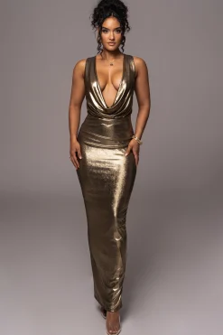 JLUXLABEL Gold Highlights Cowl Neck Maxi Dress