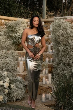 JLUXLABEL Gold Joce One Shoulder Maxi Dress