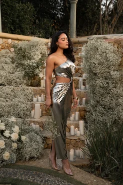 JLUXLABEL Gold Joce One Shoulder Maxi Dress