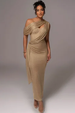 JLUXLABEL Gold Metallic Celestina Draped Maxi Dress