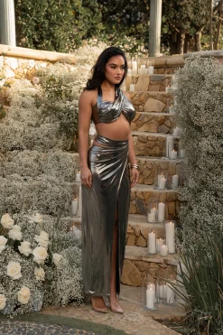 JLUXLABEL Gold METALLIC NEW AGE TWO PIECE SKIRT SET
