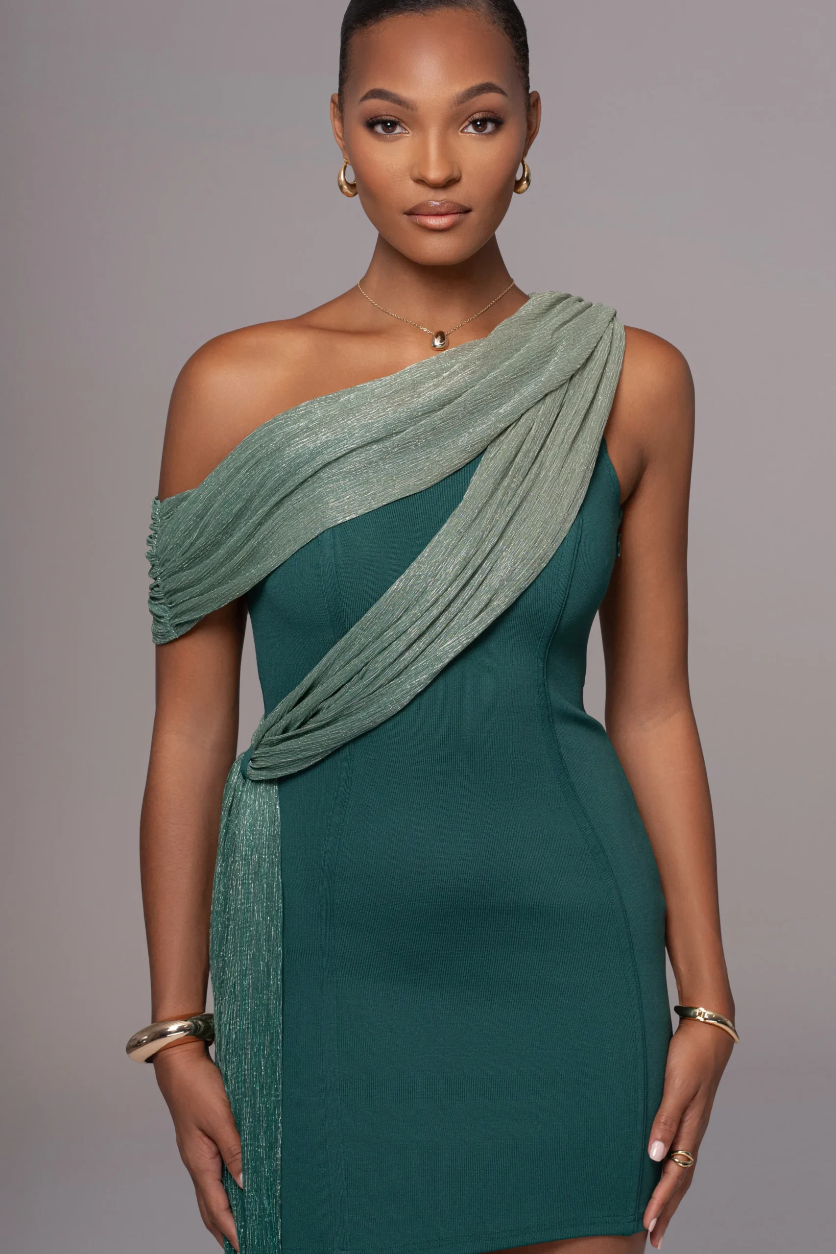 JLUXLABEL Green Asymmetric Drape Mini Dress