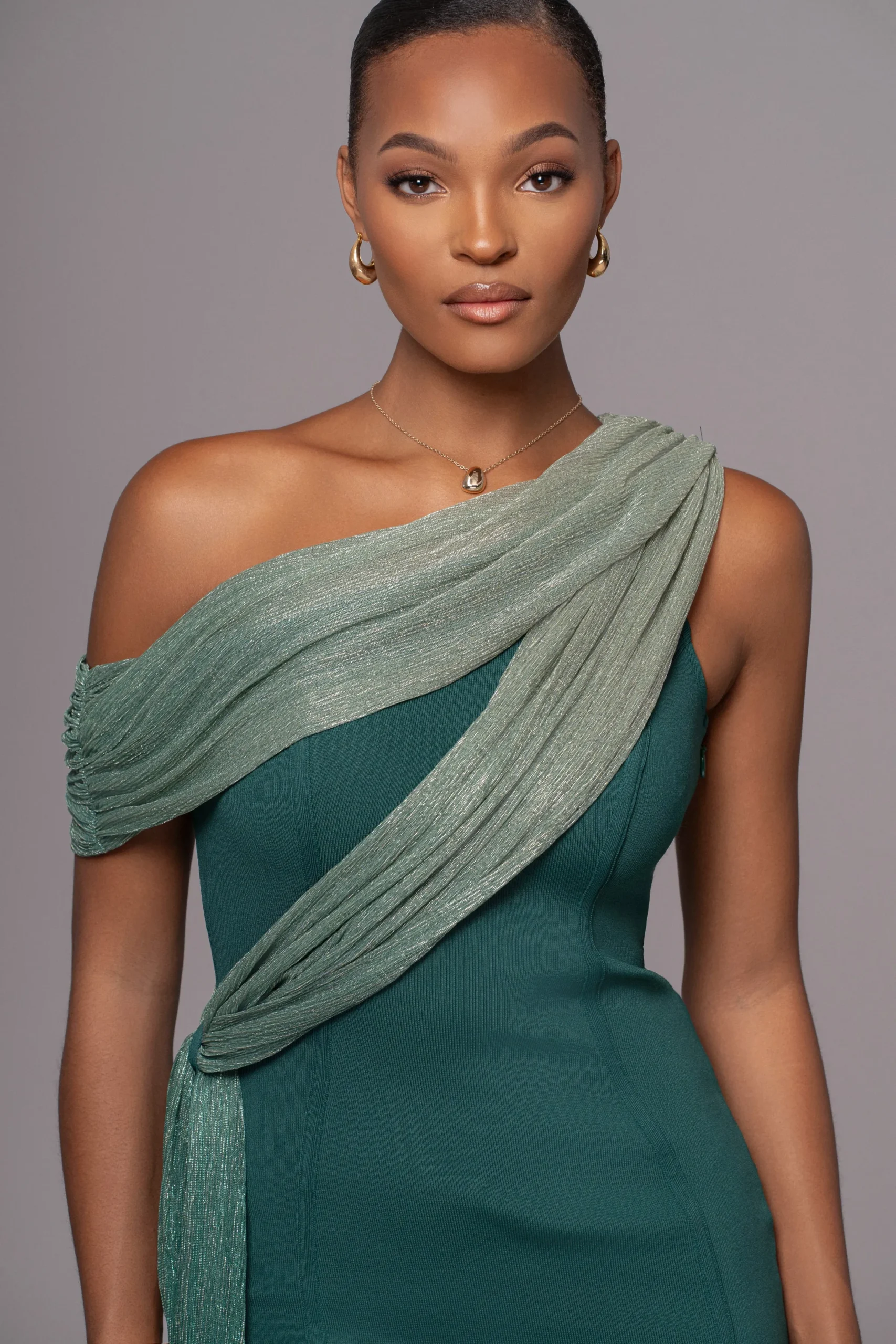 JLUXLABEL Green Asymmetric Drape Mini Dress