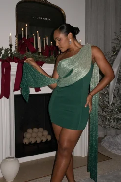 JLUXLABEL Green Asymmetric Drape Mini Dress