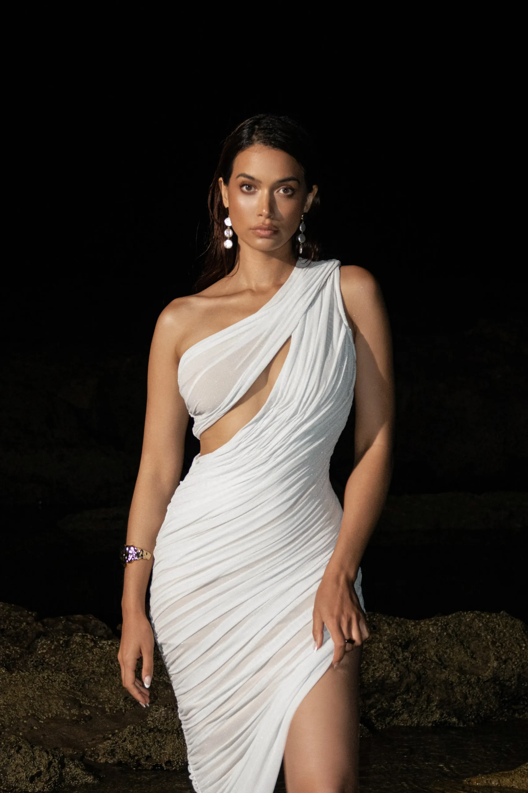 JLUXLABEL Ivory Aura Shimmer Midi Dress