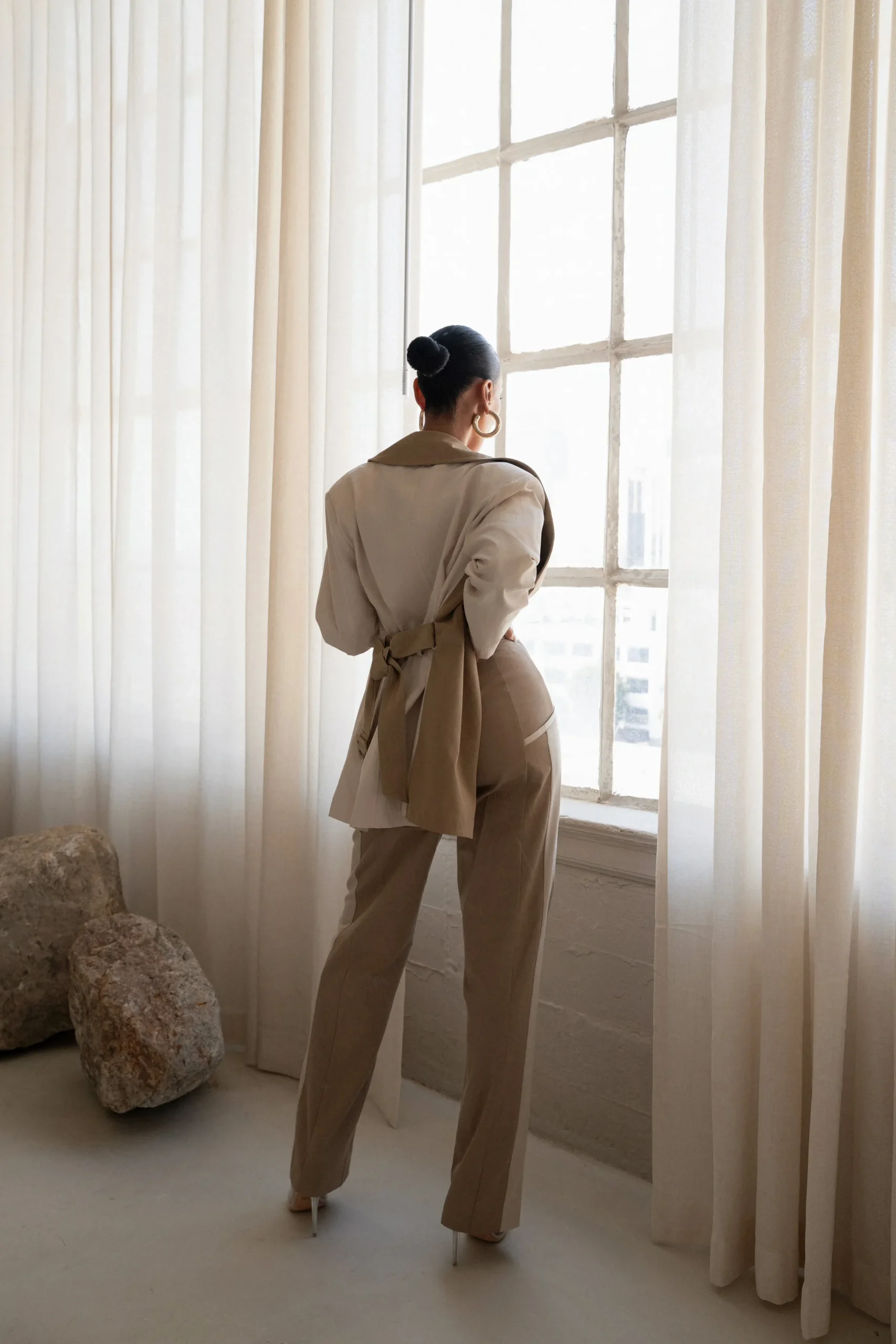 JLUXLABEL Ivory Color Block Summit Belted Jacket