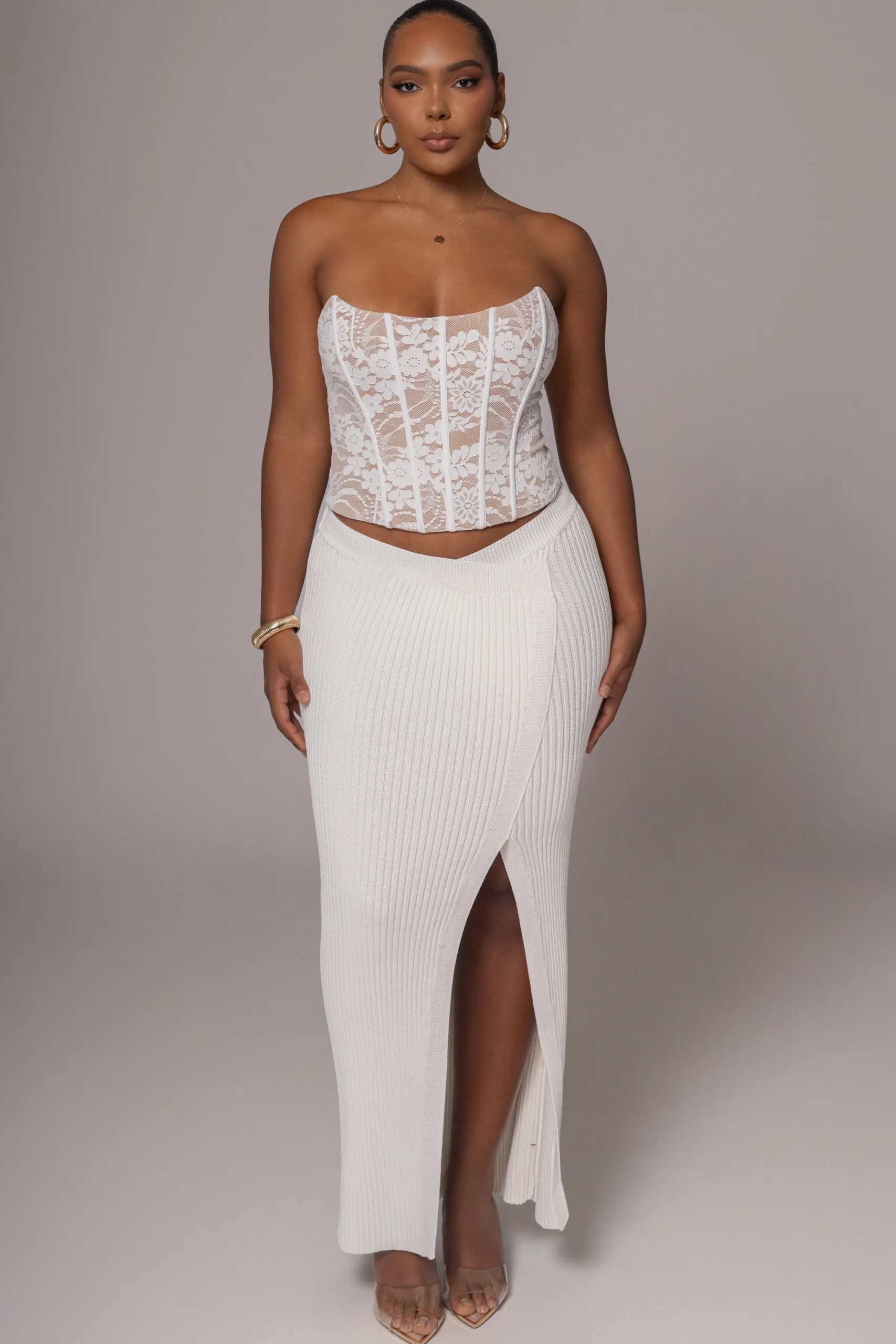 JLUXLABEL Ivory Hamptons Ribbed Slit Skirt