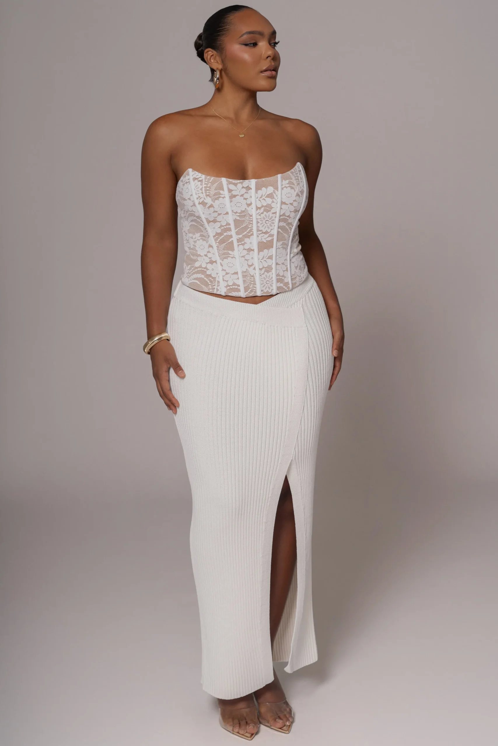 JLUXLABEL Ivory Hamptons Ribbed Slit Skirt