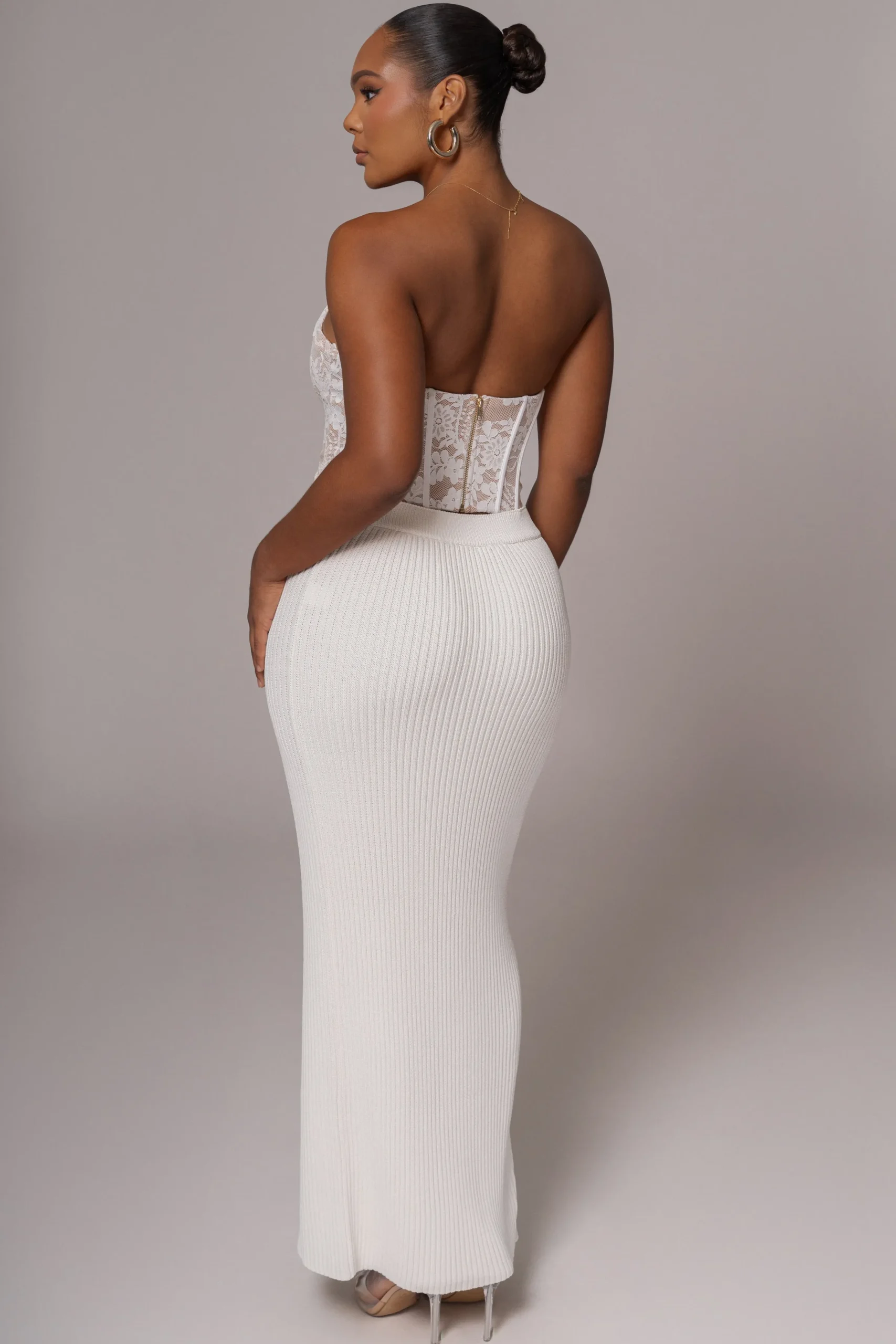 JLUXLABEL Ivory Hamptons Ribbed Slit Skirt