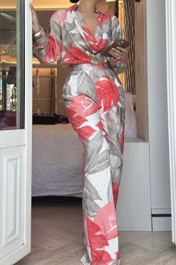 JLUXLABEL Ivory Palm Print Drew Crinkled Trousers