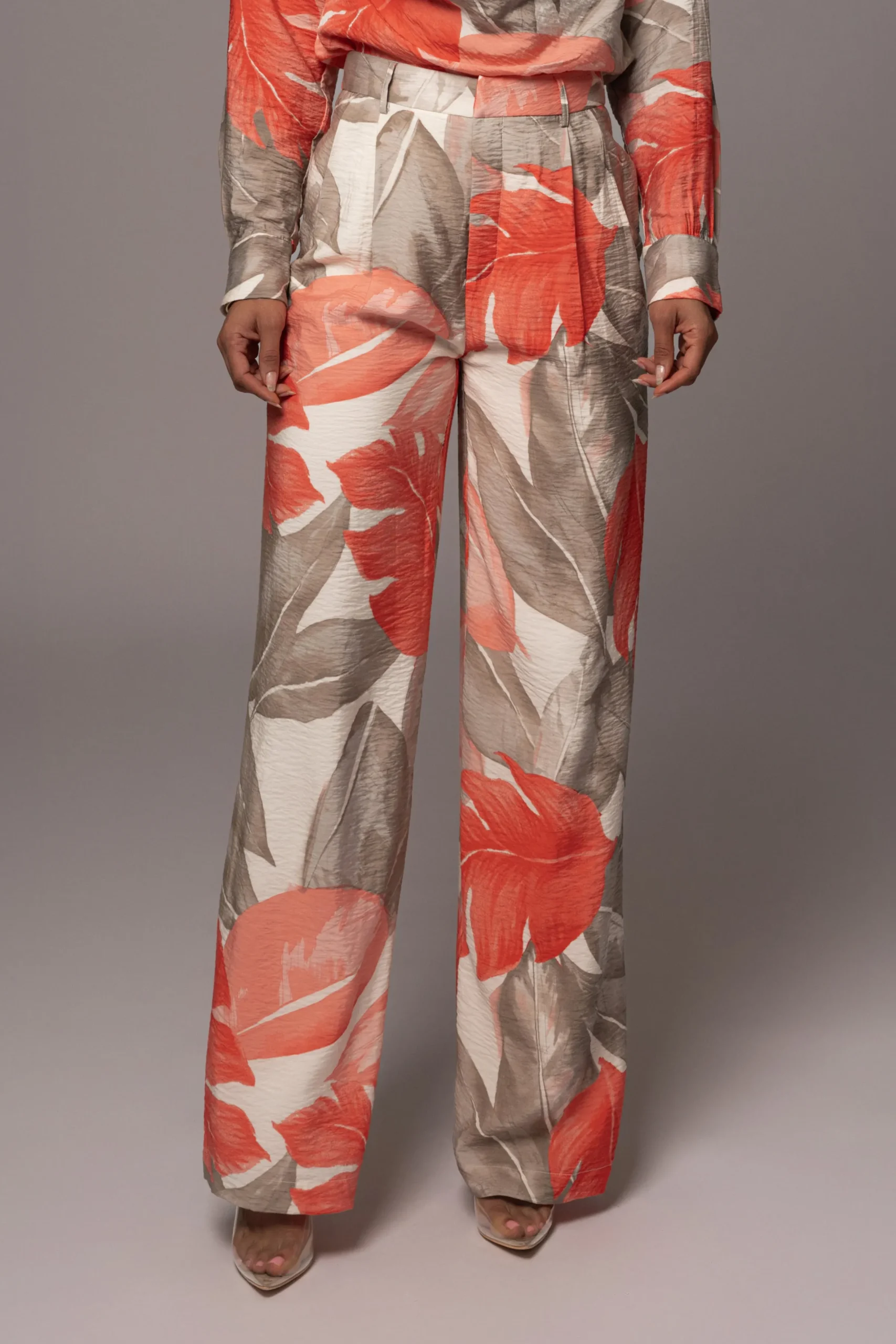 JLUXLABEL Ivory Palm Print Drew Crinkled Trousers