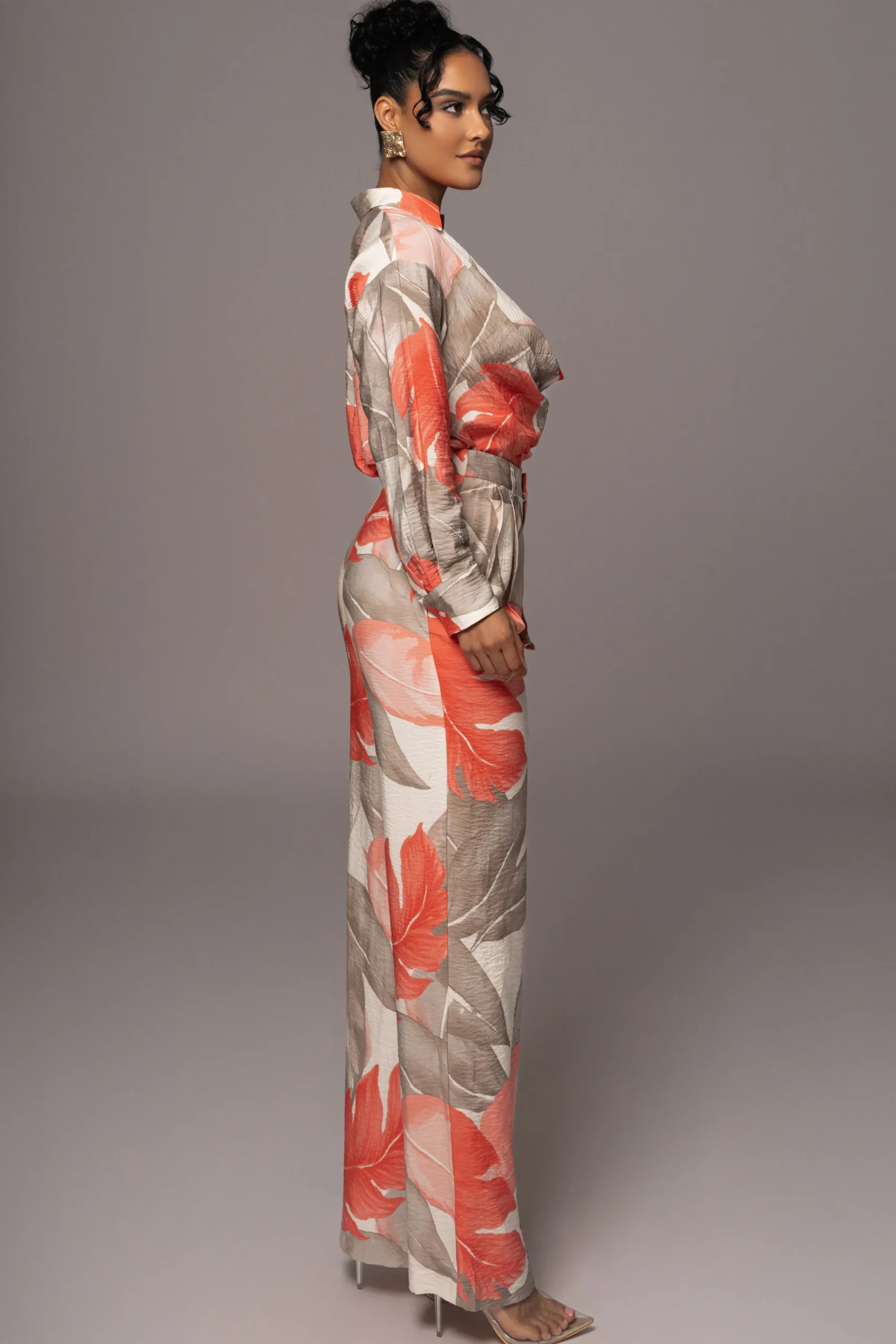 JLUXLABEL Ivory Palm Print Drew Crinkled Trousers