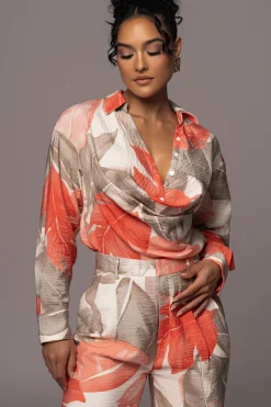 JLUXLABEL Ivory Palm Print Greta Collared Top