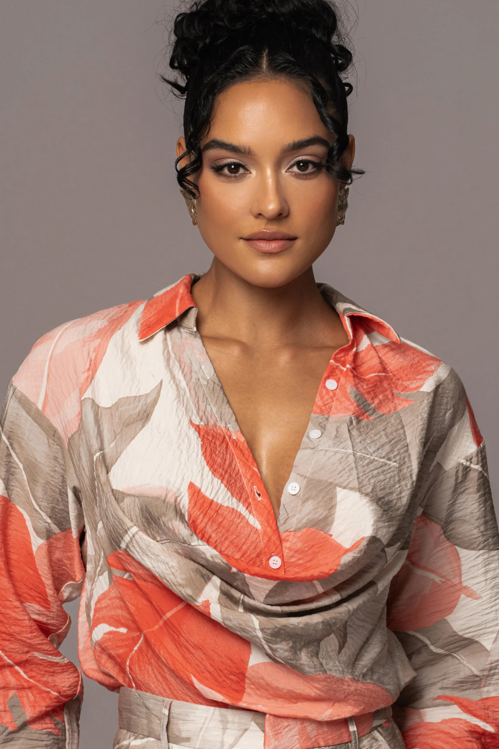 JLUXLABEL Ivory Palm Print Greta Collared Top