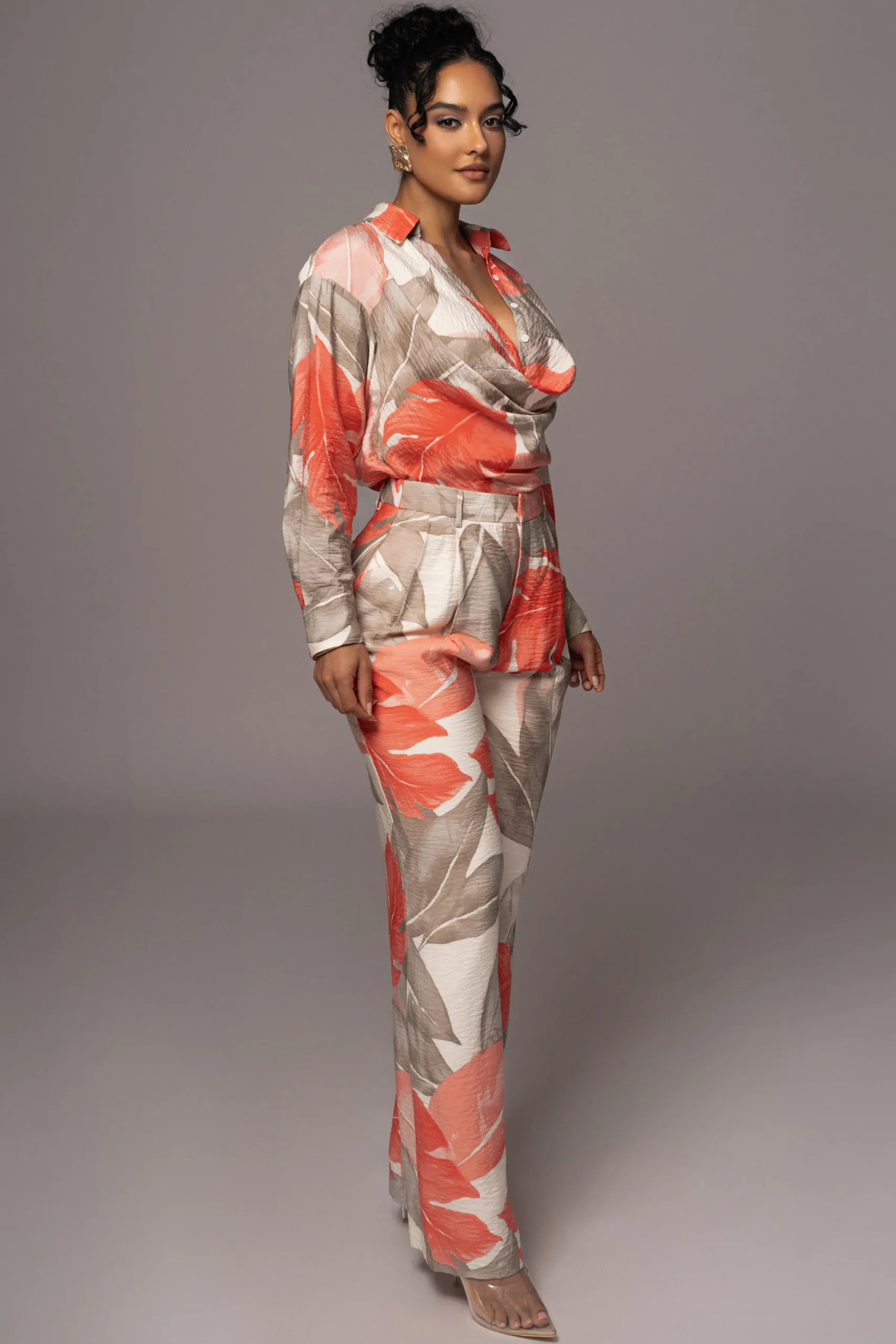 JLUXLABEL Ivory Palm Print Greta Collared Top